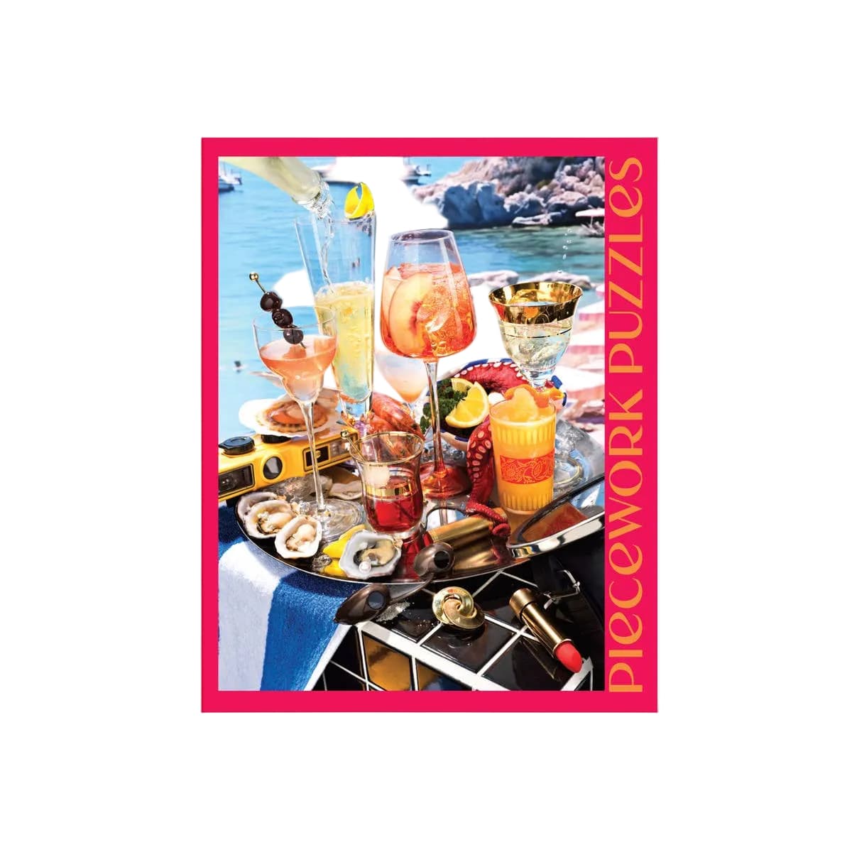 Jigsaw puzzle box with a scenic outdoor setting featuring drinks and food.
