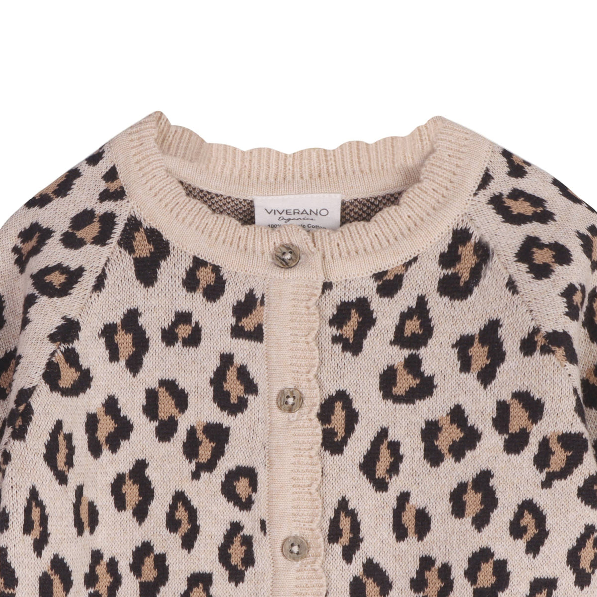 Leopard print cardigan with beige collar and buttons on a white background