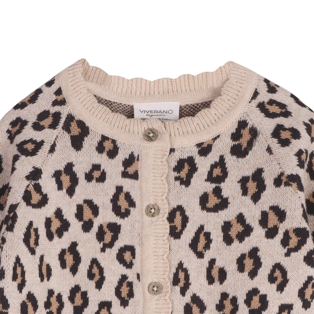 Leopard print cardigan with beige collar and buttons on a white background