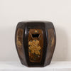 A dark brown glazed ceramic garden stool with hand-painted floral panels, photographed against a plain off-white background.