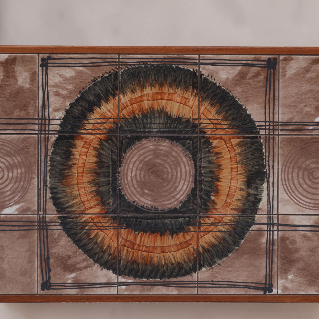 Close up of the geometrically design tiles of a 1970's Vintage Ox Art Coffee Table