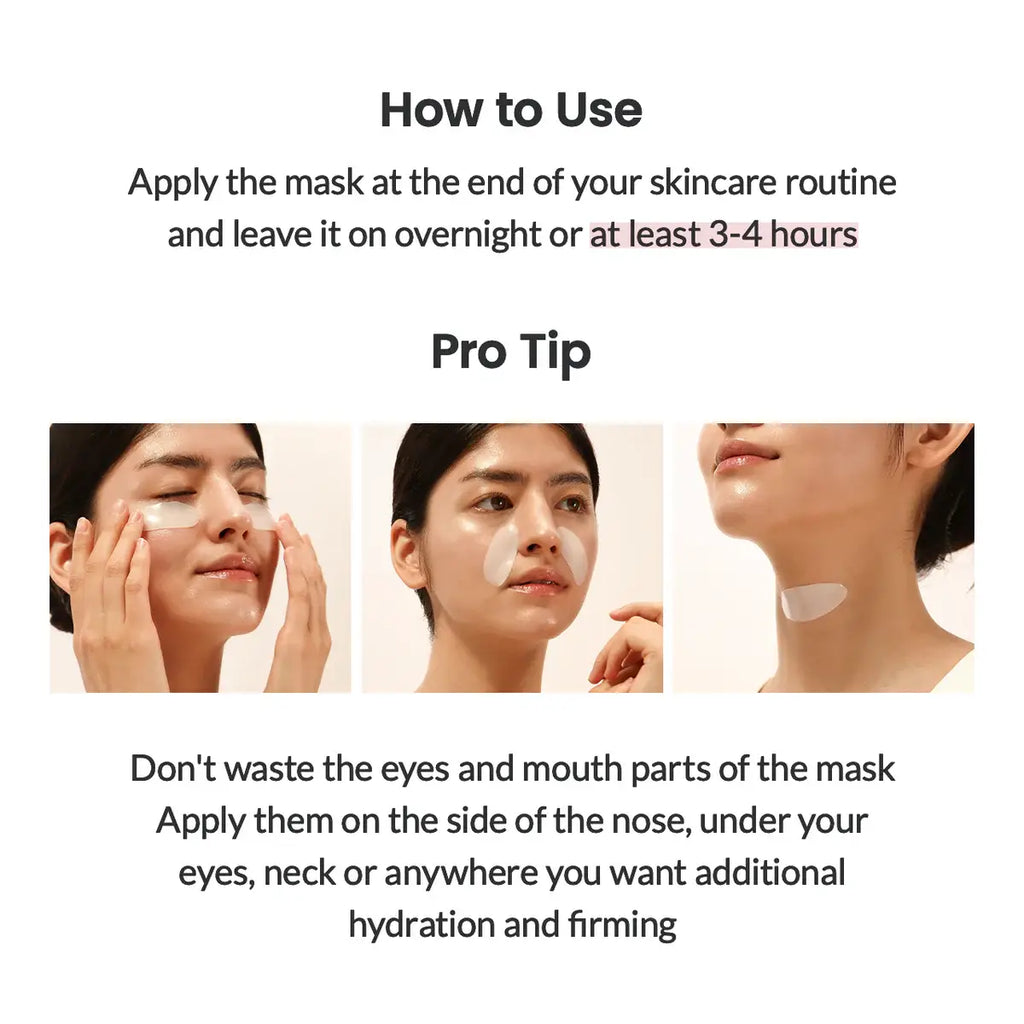 Instructions on how to use a skincare mask with images of a woman applying it.