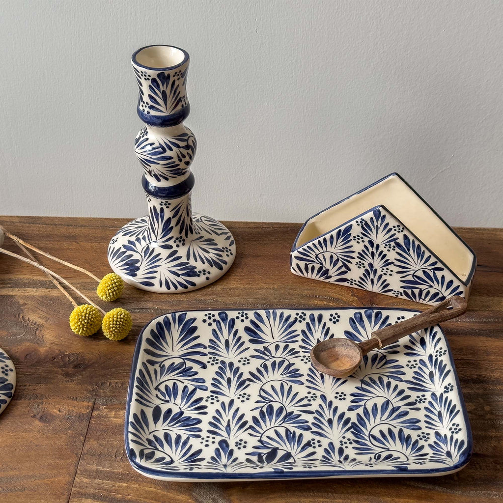 Mexican Pottery Handmade Candle Holder Blue Plumeado Global Crafts Modern Nomad Home decor store Denver CO Colorado