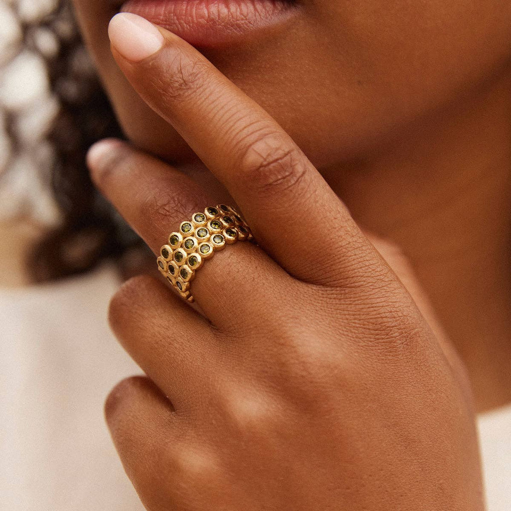 Close-up of a hand wearing a gold ring with a textured band.