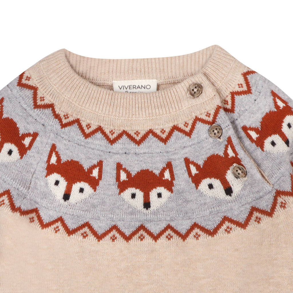 Children's sweater with fox pattern and Viverano label on a white background