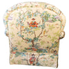 Upholstered chair back with Asian-inspired print.