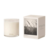 A glass jar candle with white wax sits beside its white packaging box on a warm off-white background. The box features a black-and-white photograph of grasses and the brand name CICADA printed in gold near the bottom.