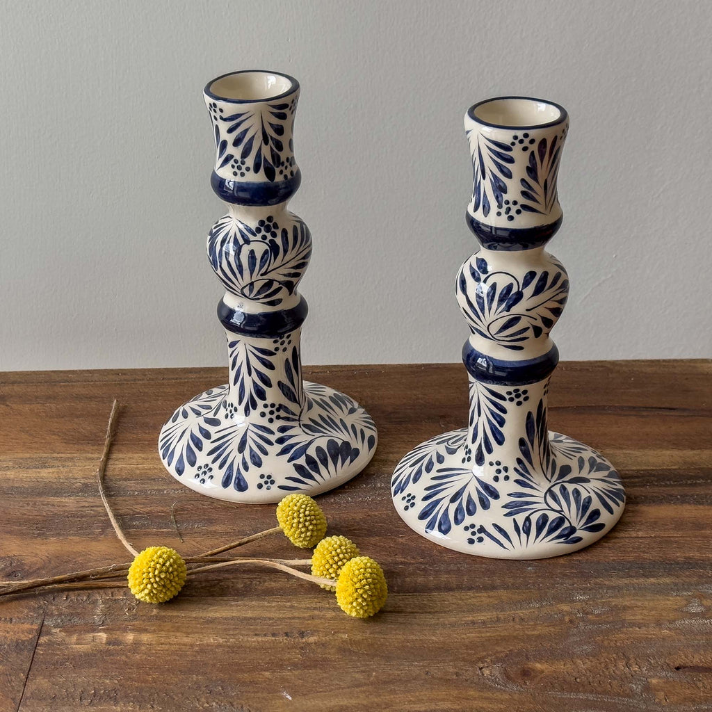 Mexican Pottery Handmade Candle Holder Blue Plumeado Global Crafts Modern Nomad Home decor store Denver CO Colorado