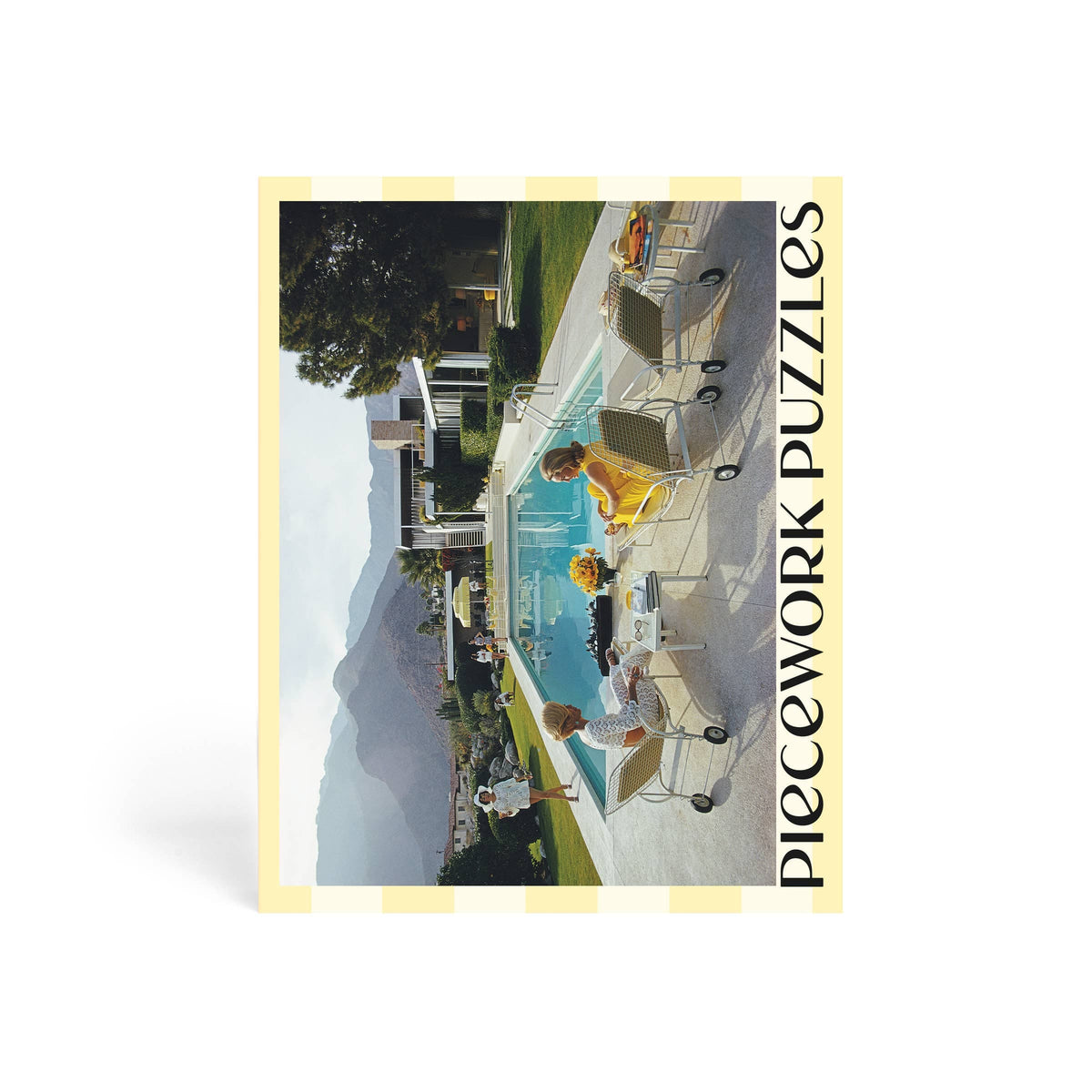 Cover of a puzzle box titled 'Piecework Puzzles' with an image of a pool and people on a white background.