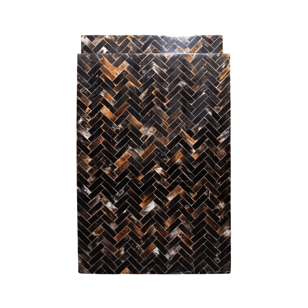 Rectangular box with a brown and black herringbone pattern.