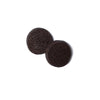 Two dark brown circular shortbread butter cookies on a white background