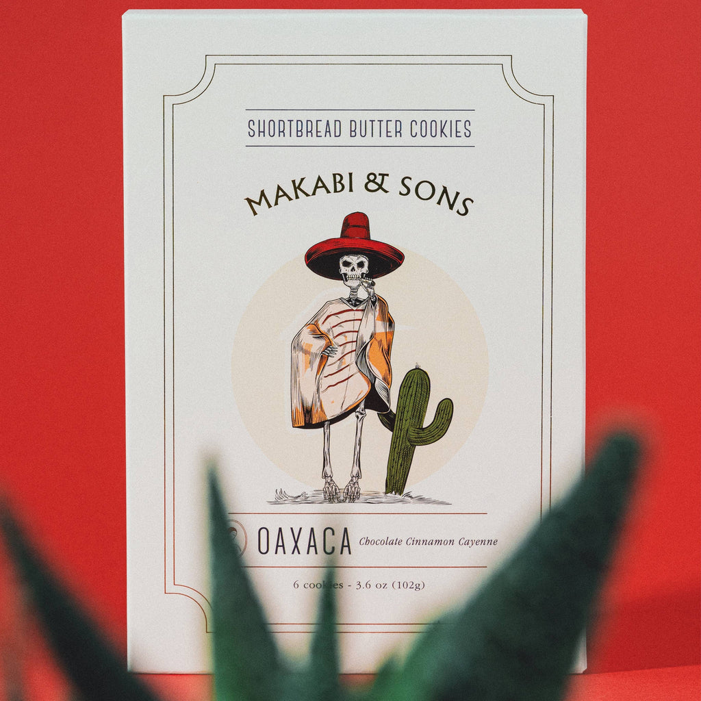 Makabi & Sons shortbread butter cookies packaging on a red background