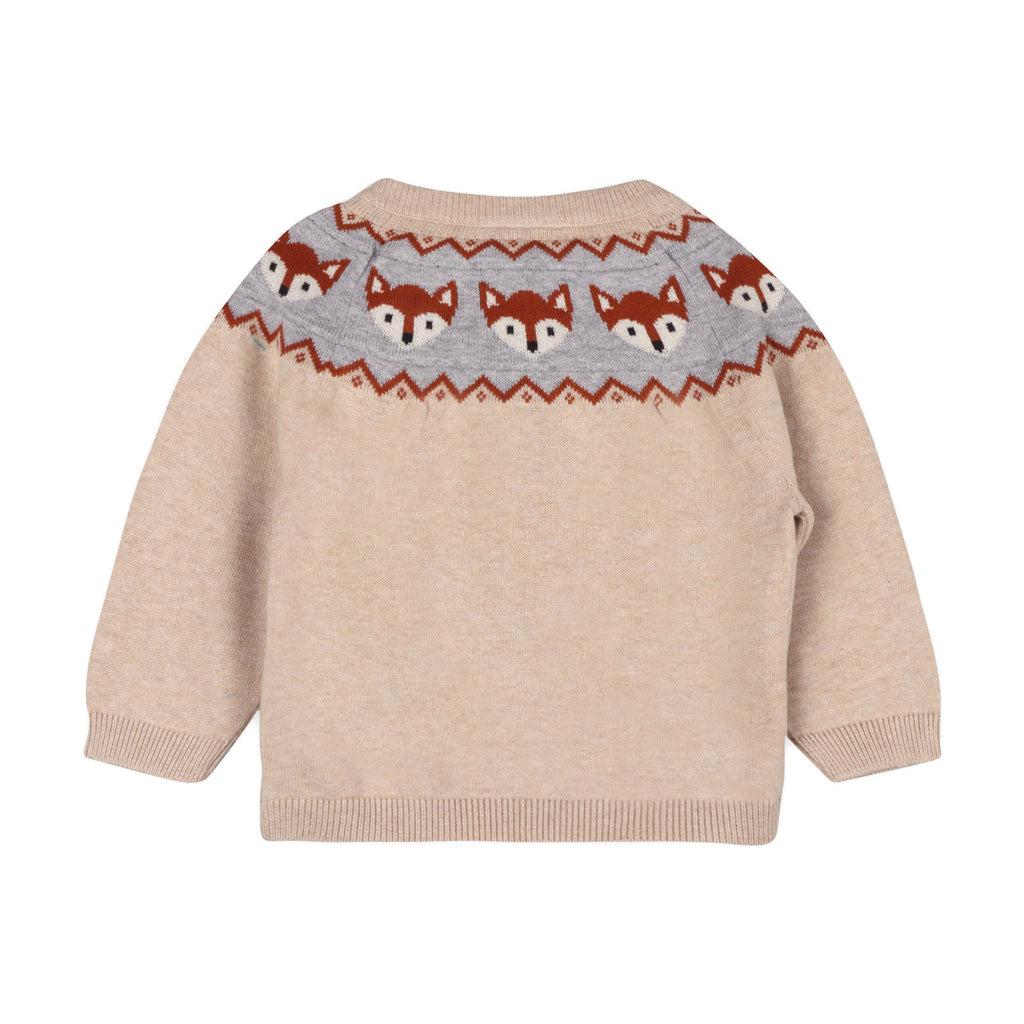 Beige sweater with fox pattern on the back against a white background
