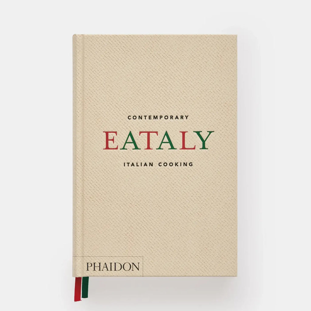 Beige book titled 'Contemporary Eataly Italian Cooking' by Phaidon on a white background