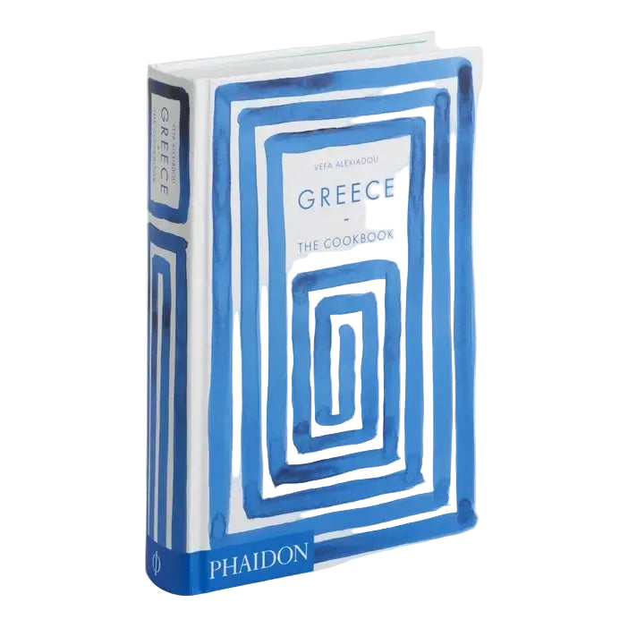 Blue and white book titled 'Greece: The Cookbook' by Phaidon on a light gray background