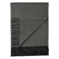 Gray blanket with fringed edges on a white background