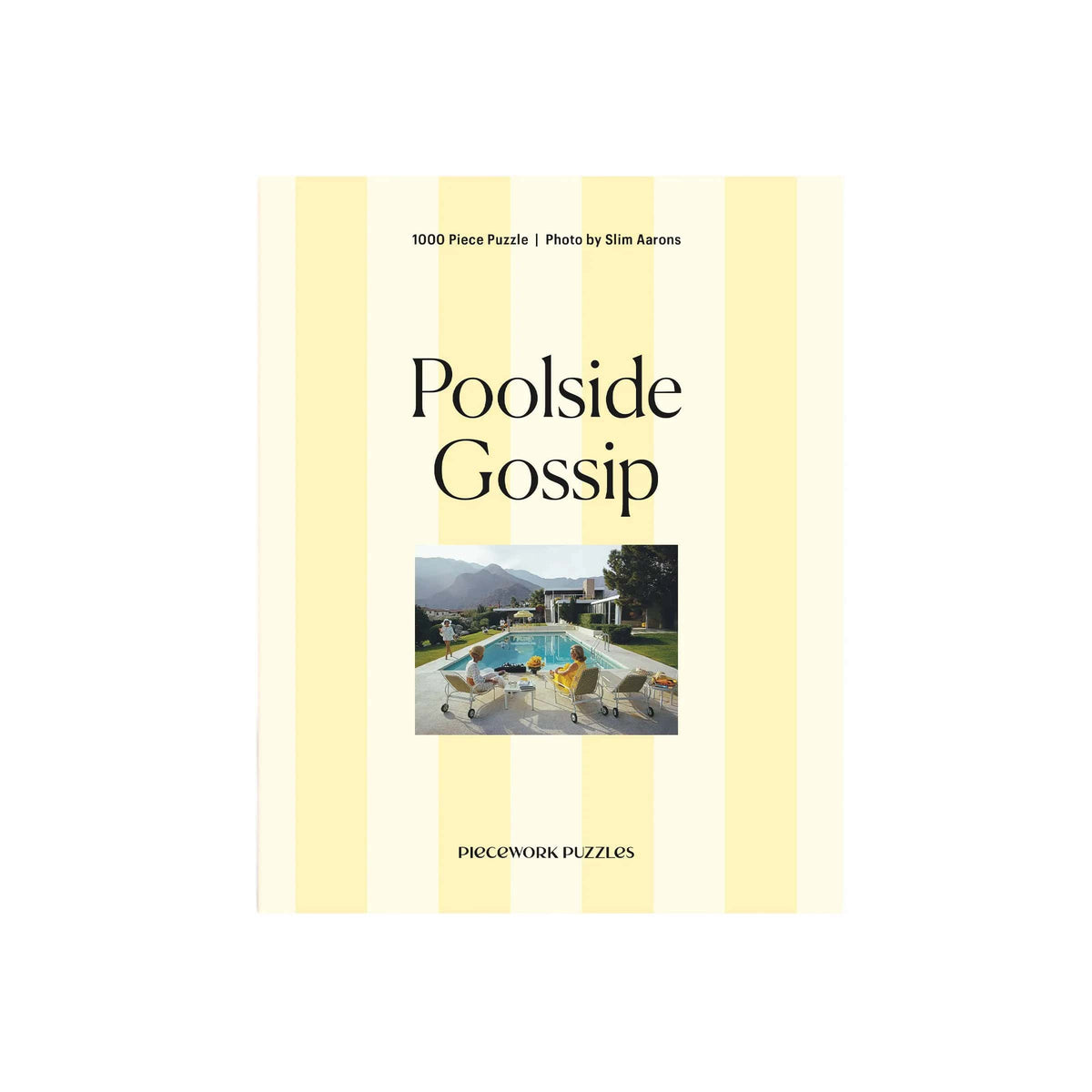 Puzzle box titled 'Poolside Gossip' with a pool scene on a yellow background