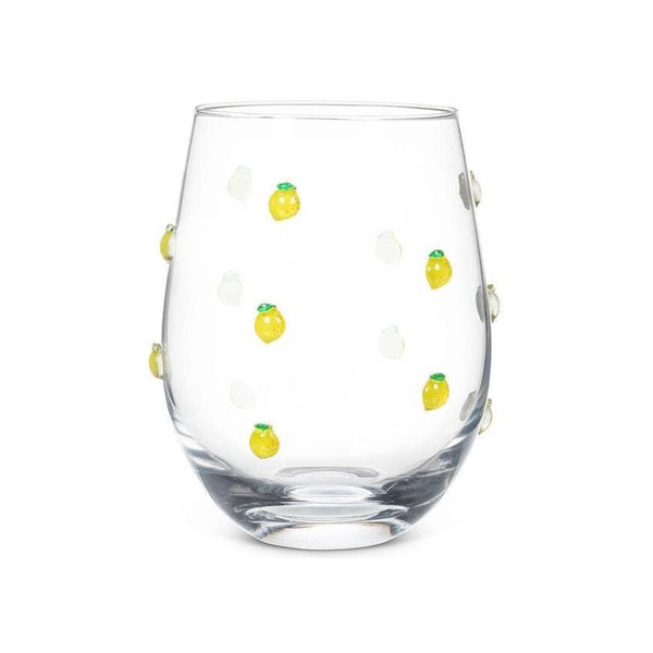 Clear glass with lemon designs on a white background