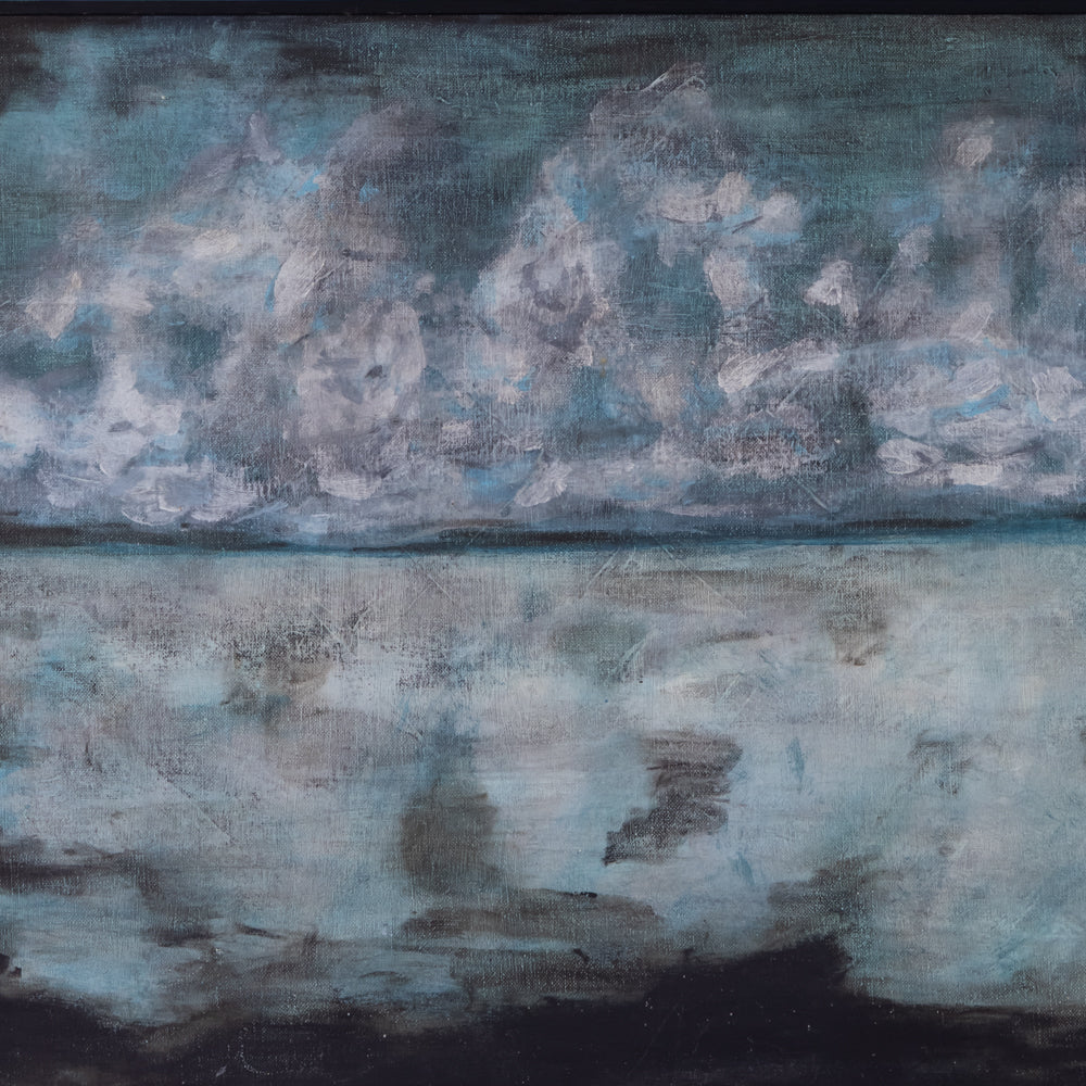 An abstract landscape painting depicting a cloudy sky and water, rendered in textured brushstrokes of blue, gray, white, and black.