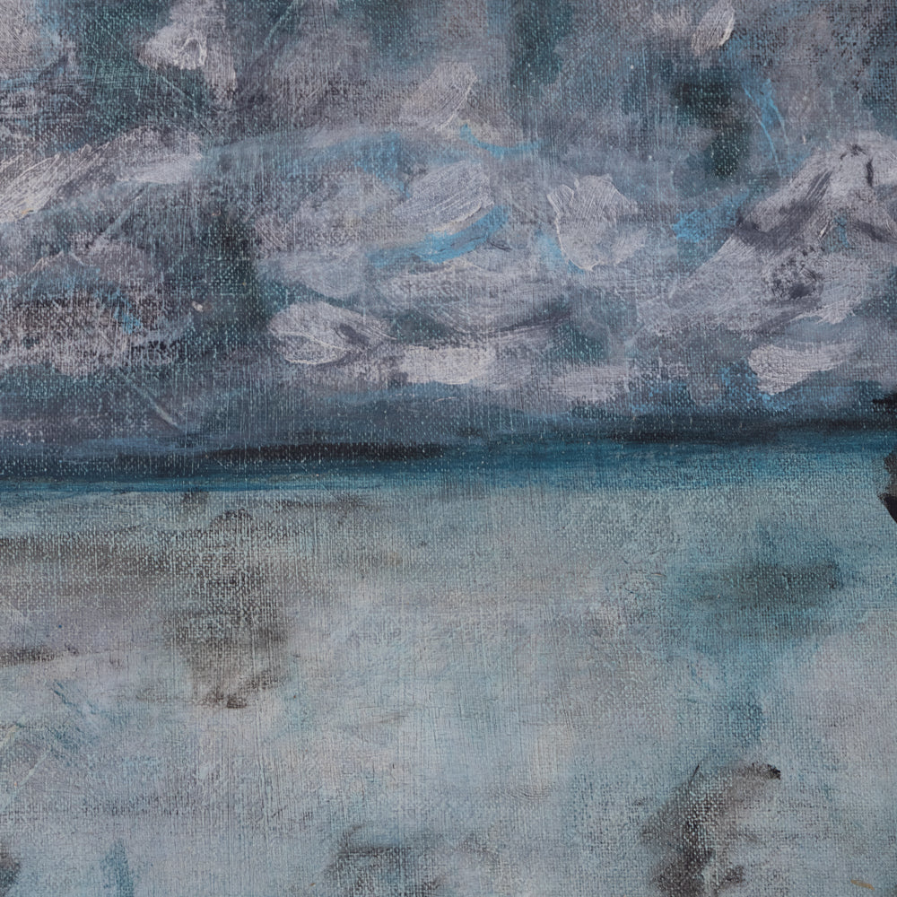 An abstract landscape painting featuring a textured, impasto sky in shades of gray, white, and blue, meeting a calm sea in muted blue and gray tones.