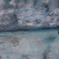An abstract landscape painting featuring a textured, impasto sky in shades of gray, white, and blue, meeting a calm sea in muted blue and gray tones.