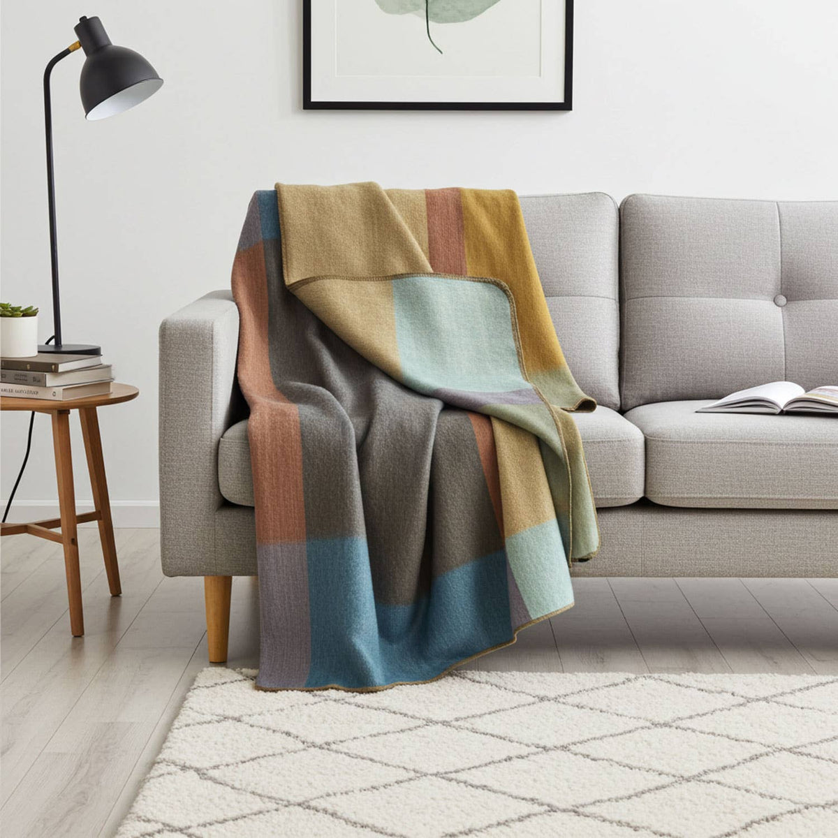 Colorful blanket draped over a gray sofa in a living room setting.
