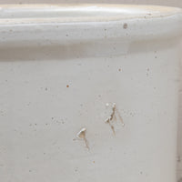 Close-up of a speckled off-white ceramic pot or planter showing the side wall and rim with a few small chips.