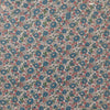 A close-up of a repeating floral fabric pattern with blue flowers, pink blossoms, green leaves, and small white centers on a light beige background.