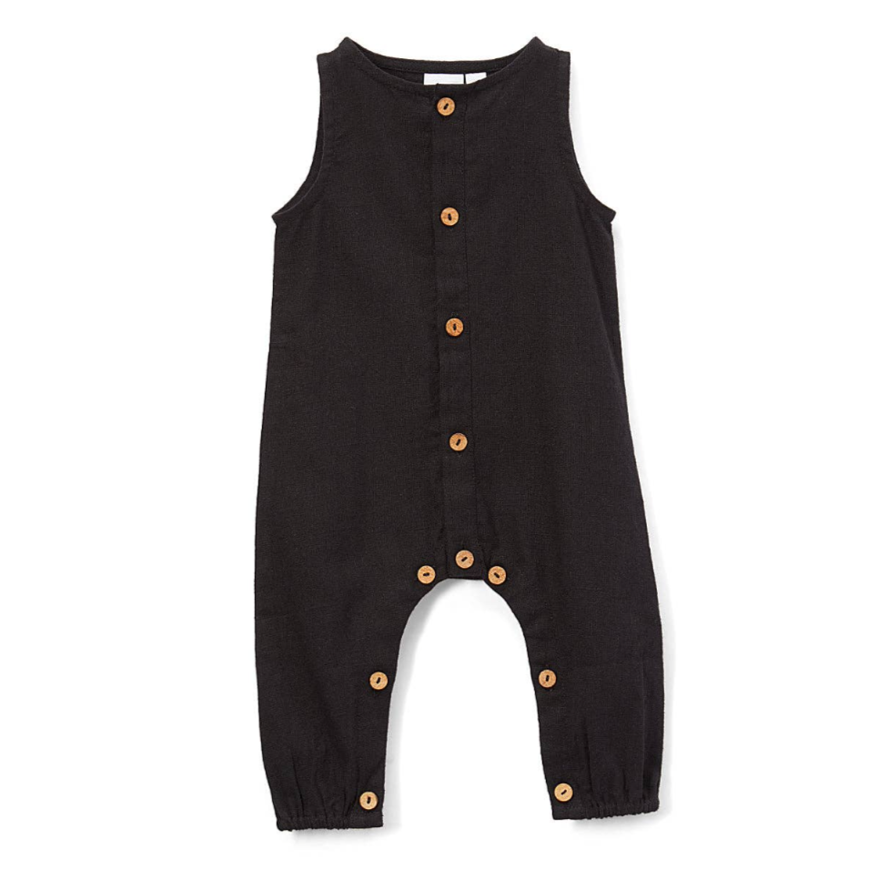 Black Sleeveless Baby Romper displayed with no background 