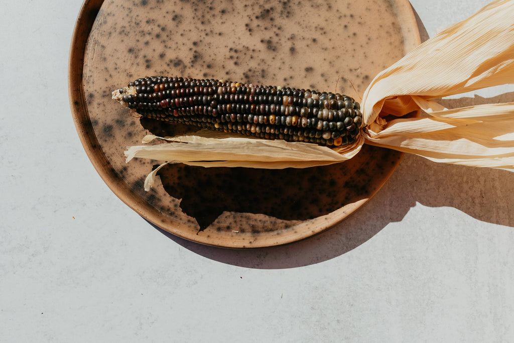 Brown Reactive Glaze Plate displayed with a dry corn 