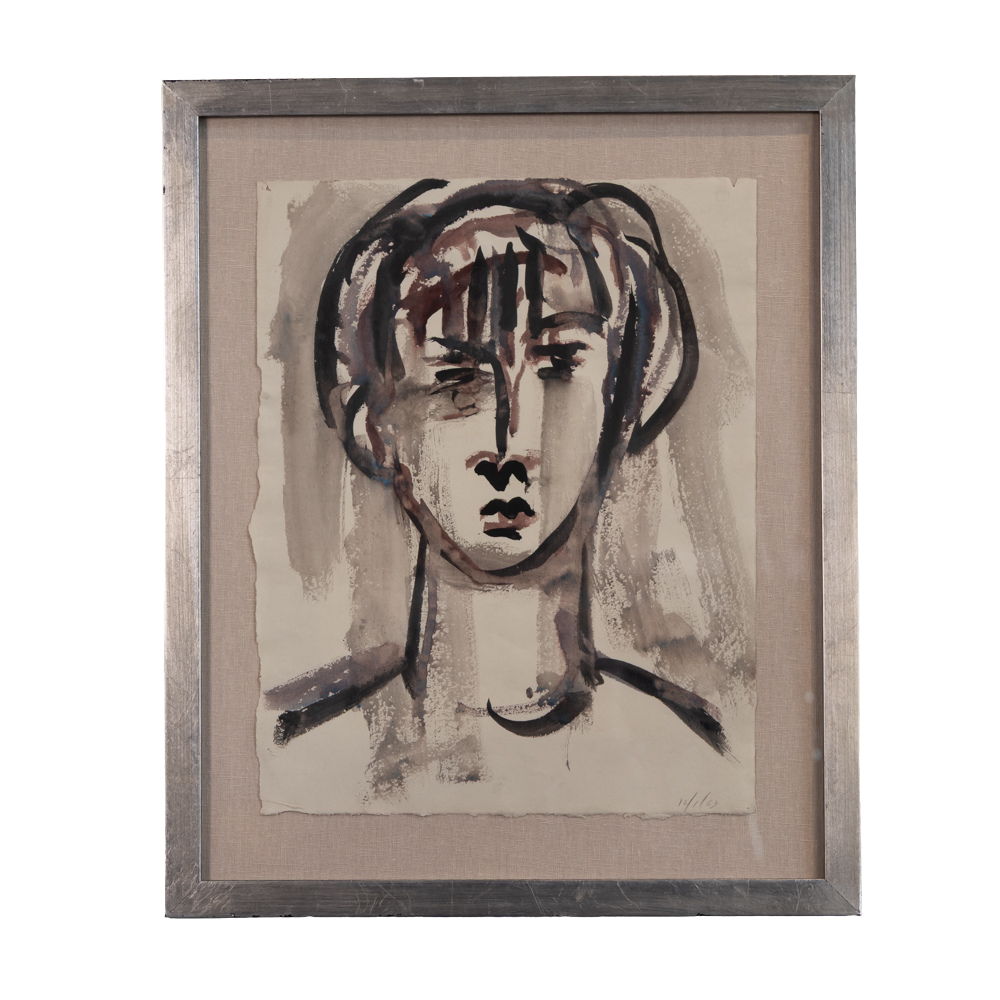 Framed portrait artwork showing an abstract face and upper torso rendered in dark charcoal and brown brushstrokes on a beige ground, enclosed in a gray wood frame against a white background.