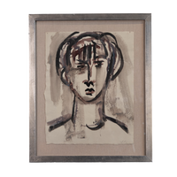 Framed portrait artwork showing an abstract face and upper torso rendered in dark charcoal and brown brushstrokes on a beige ground, enclosed in a gray wood frame against a white background.
