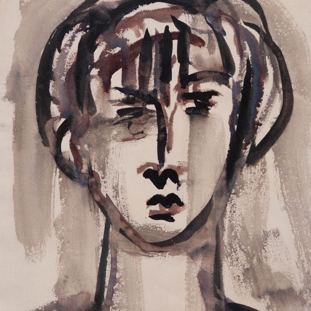 An abstract portrait painting of a face with bold black, brown, and gray brushstrokes on a light beige background.