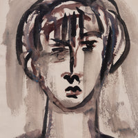 An abstract portrait painting of a face with bold black, brown, and gray brushstrokes on a light beige background.