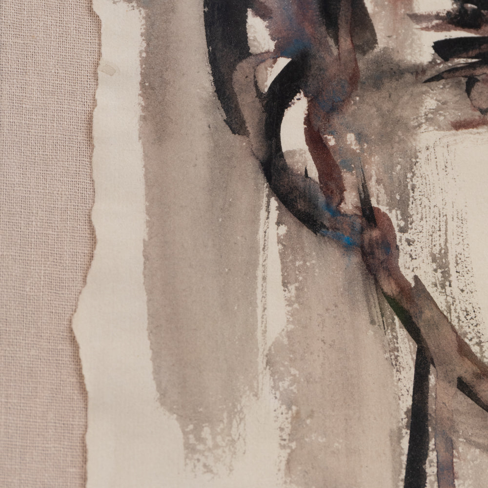 Abstract watercolor painting on textured paper, featuring expressive brushstrokes in gray, beige, black, brown, and subtle blue accents.