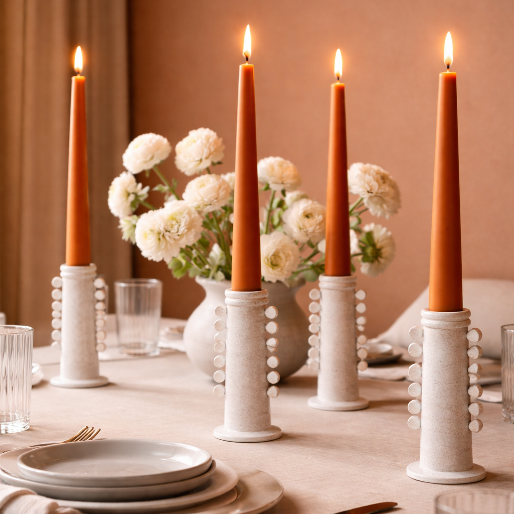 Elegant table setting with white plates, gold cutlery, and orange candles in white holders.