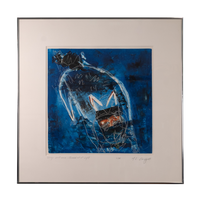 A framed abstract art print featuring a blue and black composition with white and orange accents, surrounded by a wide beige mat and a thin dark frame.