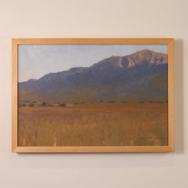 A framed landscape painting of a golden grassy field with a large blue mountain range under a pale sky, mounted on a light beige wall.