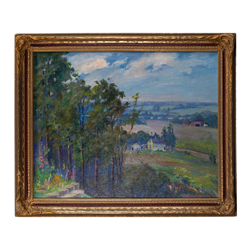 An Impressionist landscape oil painting in a decorative gold frame, depicting a lush green forest, rolling fields, and a small farmhouse under a cloudy blue sky.
