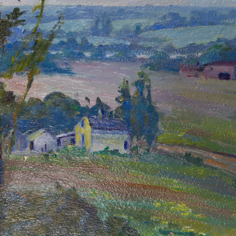 Impressionist landscape painting featuring a small cluster of houses with a bright yellow wall, surrounded by trees and rolling green hills under a hazy blue sky.