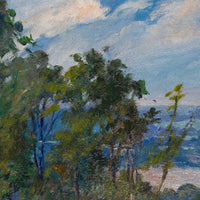 Impressionistic landscape painting featuring green trees in the foreground under a blue and white sky, with a softly blurred distant scene.