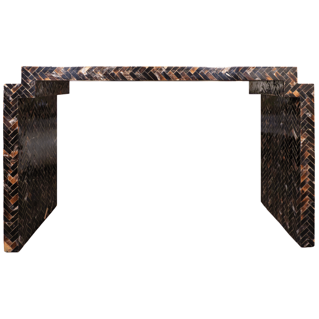 Brown and black herringbone console table.