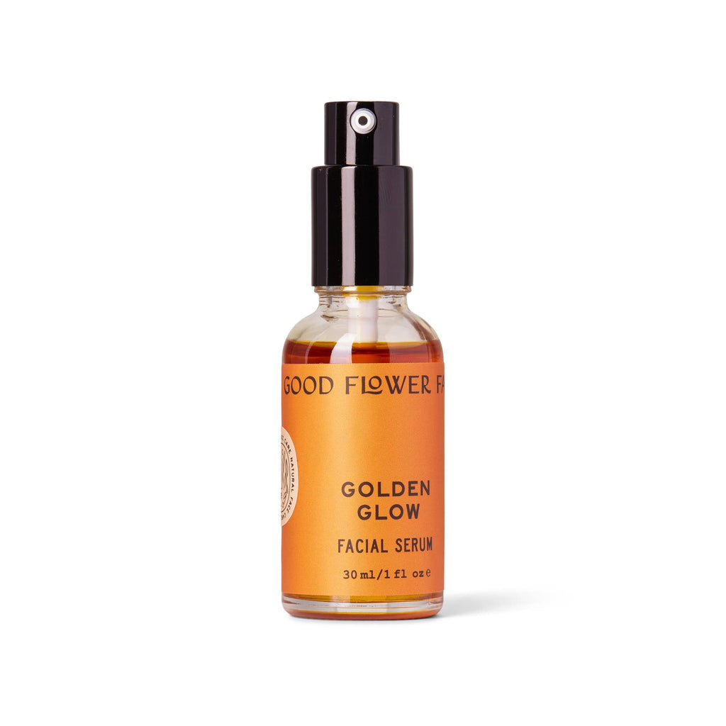 Golden Glow Facial Serum displayed in a bottle with no background 