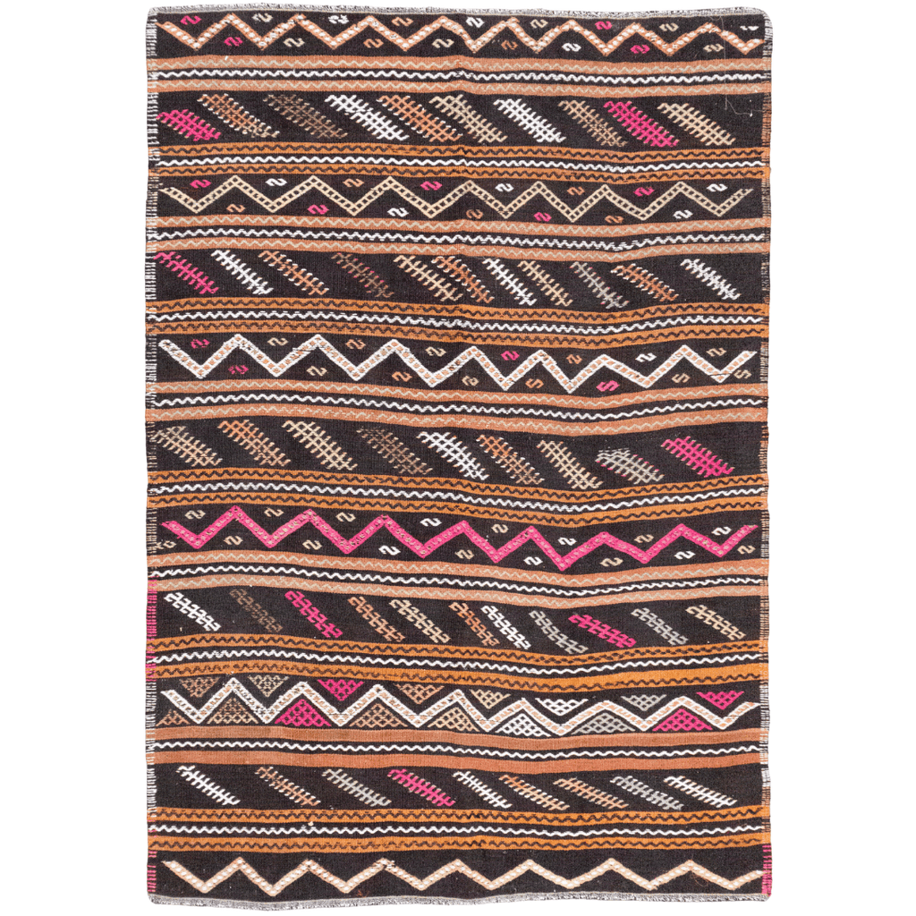Wave patterned Turkish Kilim rug in wool, featuring brown, salmon, pink, and off-white tones.