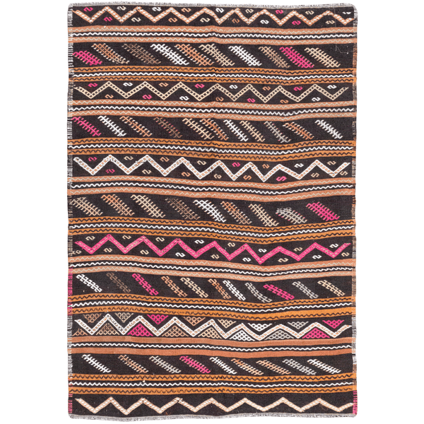 Wave patterned Turkish Kilim rug in wool, featuring brown, salmon, pink, and off-white tones.