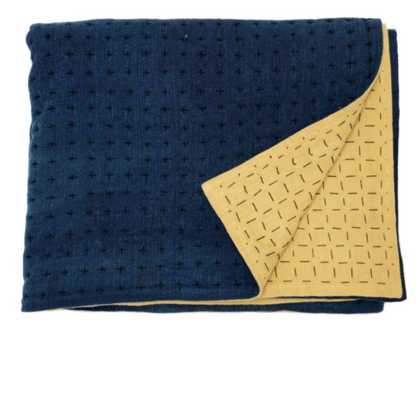 Indigo and Mustard Quilt folded in a square 