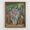 Framed painting of a vase with flowers and musical instruments on a white wall