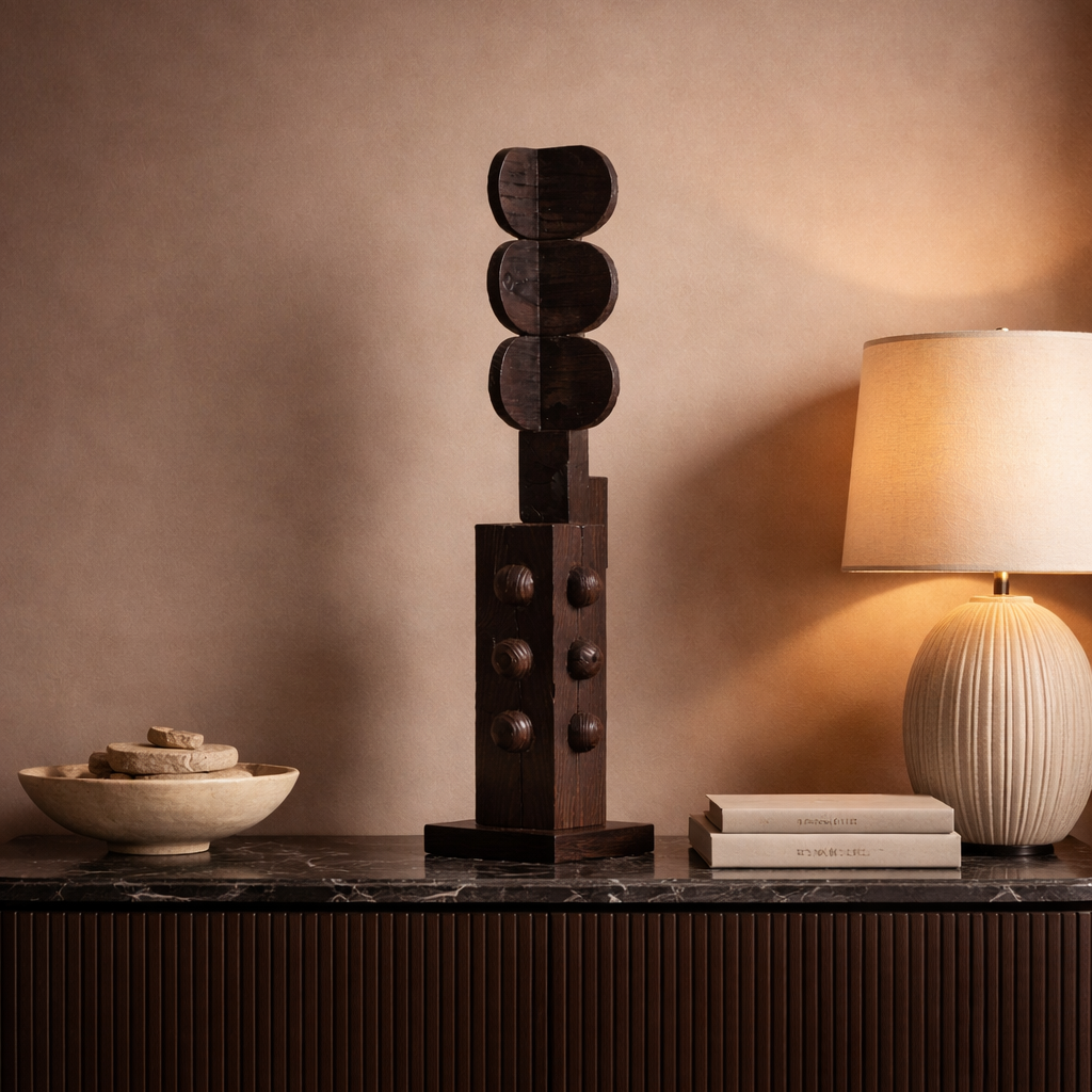 Decorative table with a tall wooden sculpture, bowl, and lamp against a beige wall.