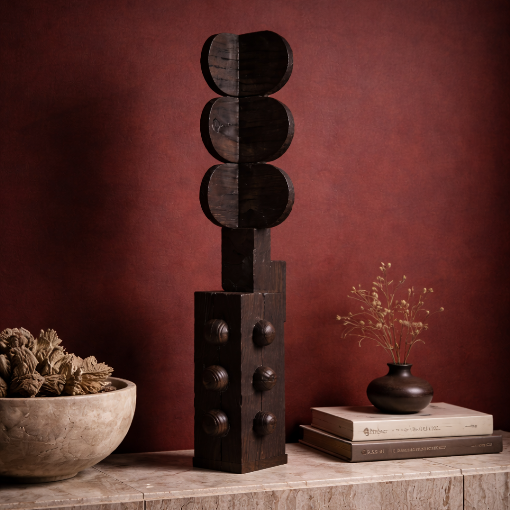 Decorative wooden sculpture on a wooden shelf with a bowl and books against a red wall.