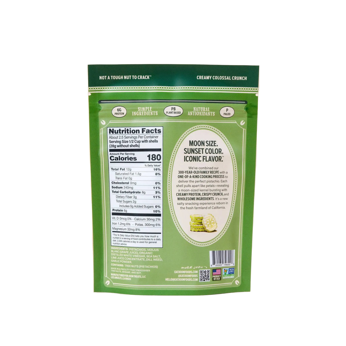 Joon dill pickle pistachio package with nutrition label on a beige background